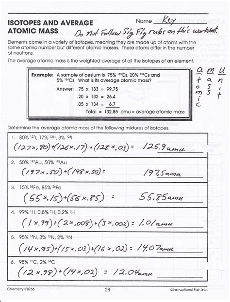 Calculating Average Atomic Mass Worksheets Answer Key