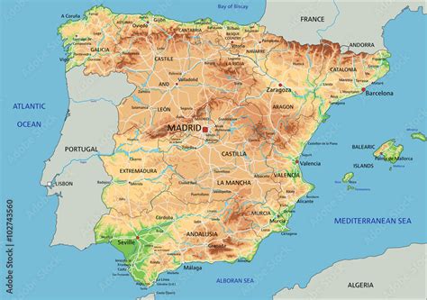 High detailed Spain physical map with labeling. Stock Vector | Adobe Stock