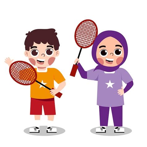 Premium Vector | Cute kids playing badminton cartoon character illustration