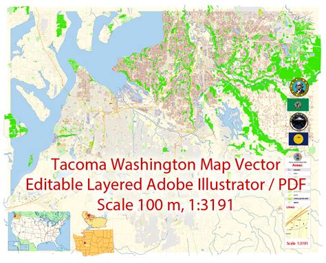 Tacoma Washington Map Vector Exact City Plan detailed Street Map editable Adobe Illustrator in ...