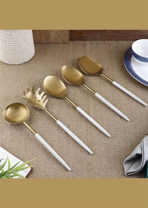 Get Radiant White Handle Gold Steel Serving Spoons Set Of Five at ₹ 1929 | LBB Shop