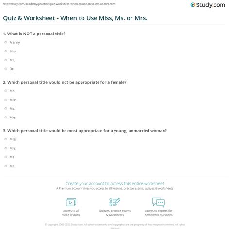 Quiz & Worksheet - When to Use Miss, Ms. or Mrs. | Study.com