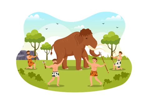 Best Prehistoric Stone Age people hunting Illustration download in PNG & Vector format