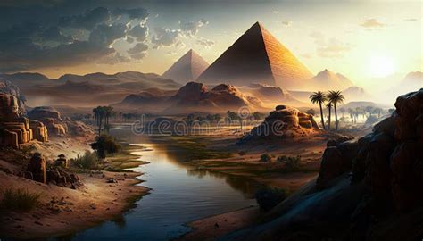 Ancient Egypt with Pyramids and Architecture in the River Nile Valley. Desert Landscape at ...