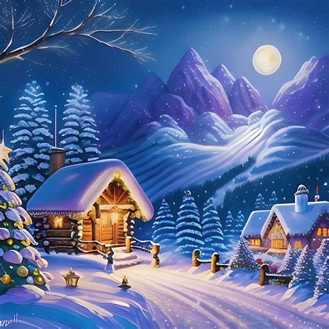 Premium AI Image | A painting of a snowy village with a christmas tree