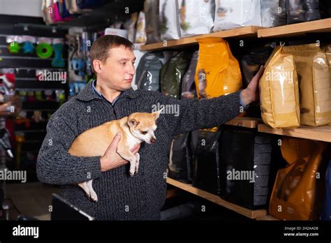 Happy male with dog chihuahua choosing dry food Stock Photo - Alamy