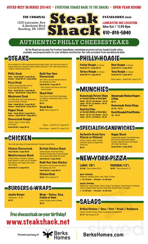 The Steak Shack menu in Reading, Pennsylvania, USA