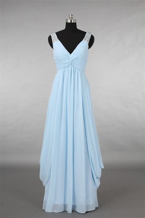 Elegant V Neck Empire Waist Long Light Blue Chiffon Draped Bridesmaid Evening Dress