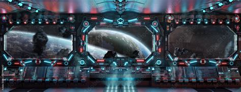 Dark spaceship interior with glowing blue and red lights. Futuristic spacecraft with large ...