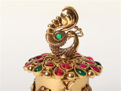 Peacock Design Brass Sindoor Box with Red and Green Stone Work | Exotic ...