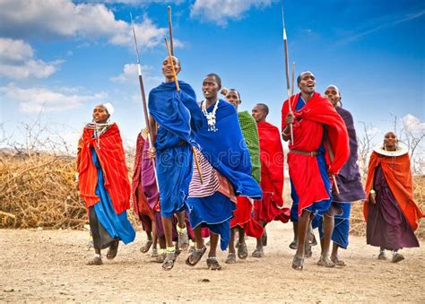 Masai Warriors Dancing Traditional Jumps. Tanzania. Editorial Stock ...