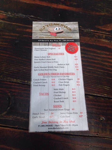 Menu at DJ's Clam Shack restaurant, Key West