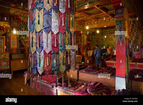 Detail of the colourful interior of the Buddhist monastery at Tengboche, in the Himalayas Nepal ...