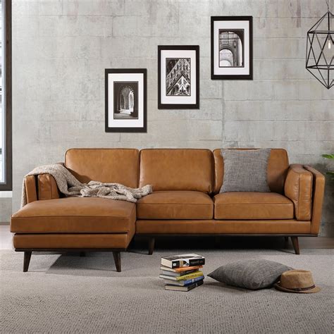 Mid Century Modern Brooklyn Tan Genuine Leather Sectional Sofa Left ...