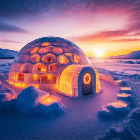 Premium AI Image | Igloo ice hotel with sunset during magic winter ...