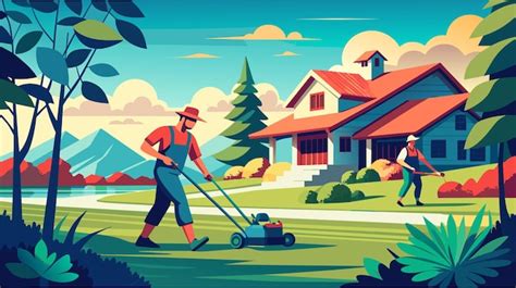 Premium Vector | Two people mowing the lawn in front of a country house vector illustration