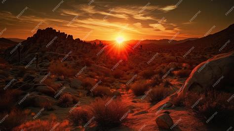 Premium AI Image | A sunset with a desert landscape and a sunset in the ...