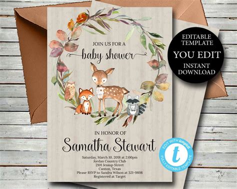 Editable Woodland Baby Shower Invitation Rustic Autumn Fall | Etsy ...