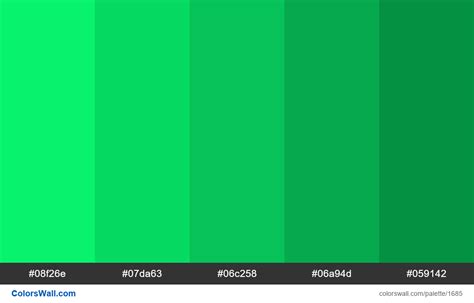 Green shades. HEX colors #08f26e, #07da63, #06c258, #06a94d, #059142 ...