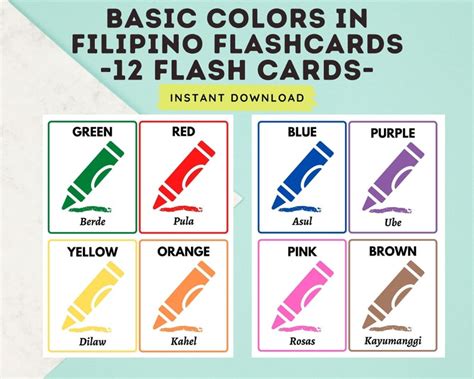 Filipino Colors 12 Cards Flashcard Printable, Tagalog to English ...