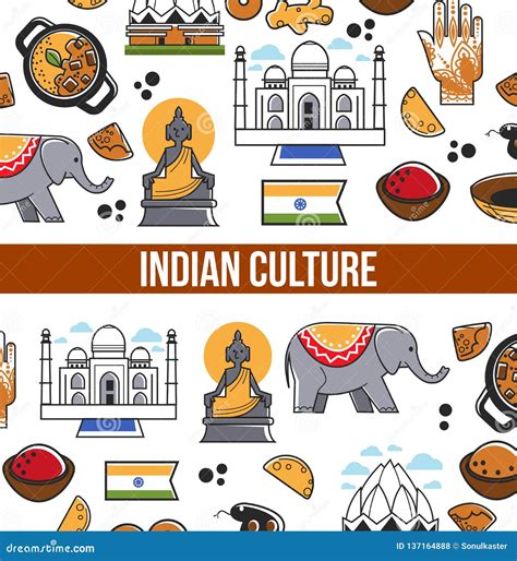 Indian Culture Symbols and Vector India Landmarks. Stock Vector - Illustration of famous, icon ...