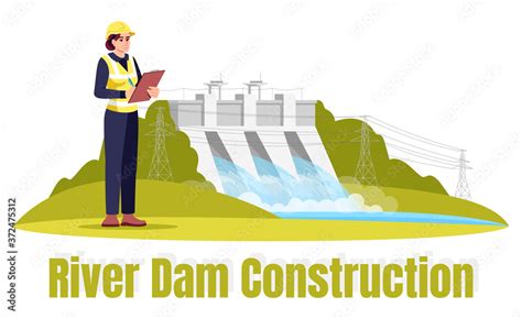 River dam construction semi flat RGB color vector illustration. Ecological engineering. Female ...