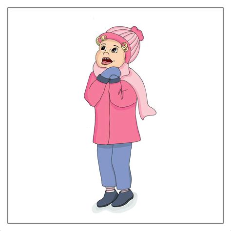 Hand drawn girl in a winter coat.Colorful illustration of a little girl looks up in awe. Smiling ...