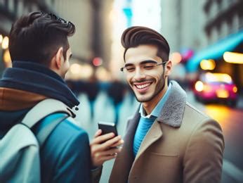 Two men standing on a city street looking at a cell phone Image & Design ID 0000143003 ...