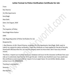 Letter Format to Get Police Verification Certificate for Job in India