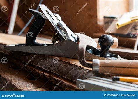 Carpentry Tools on Wood Boards, Focus on the Plane Stock Photo - Image of hammer, manual: 115886808