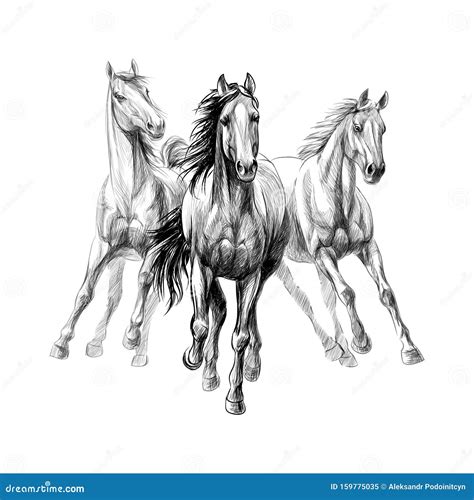 Three Horses Run Gallop on White Background, Hand Drawn Sketch Stock ...