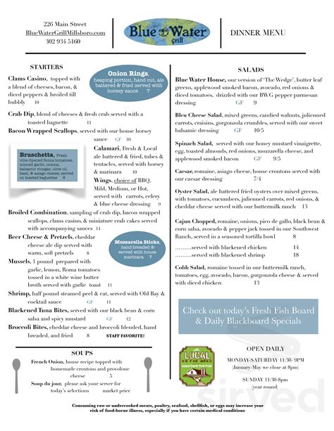 Blue Water Grill menu in Millsboro, Delaware, USA