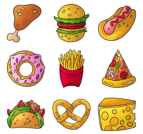 Cartoon doodle fast food set. Design element. Vector illustration isolated on a white background ...