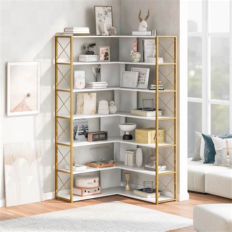 Tatayosi 7-Tier Bookcase Home Office Bookshelf, L-Shaped Corner Bookcase with Metal Frame, MDF ...