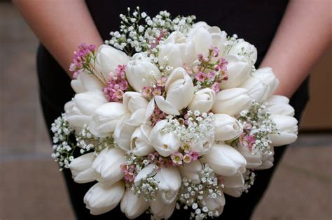 Bridesmaid's Beautiful Bouquet Featuring: White Tulips, White Gypsophila (Baby's Breath) + Pink ...