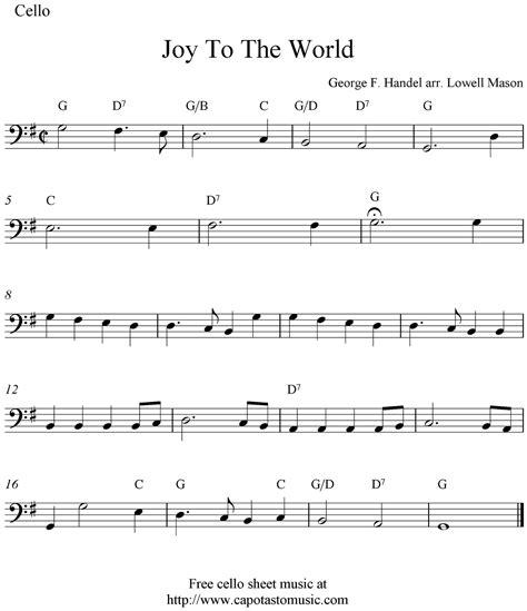 Joy To The World, free Christmas cello sheet music notes