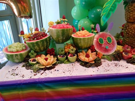 Fruit display for a Very Hungry Caterpillar themed Birthday Party. | Fruit creations, Fruit ...