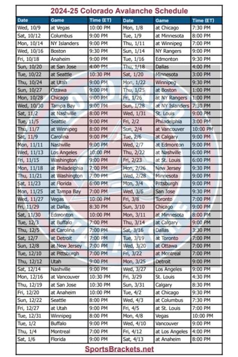 2024-25 Colorado Avalanche Schedule; Printable, PDF Format - Sports ...