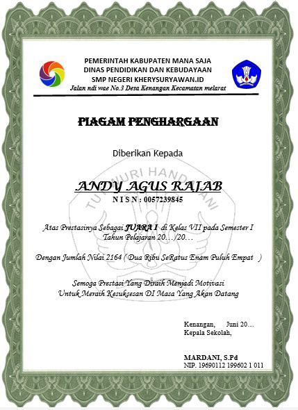 CARA MEMBUAT PIAGAM PENGHARGAAN JUARA KELAS - Kherysuryawan.id