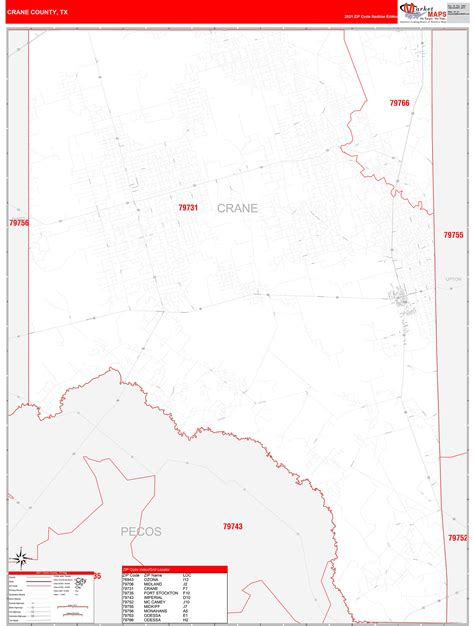 Crane County, TX Zip Code Wall Map Red Line Style by MarketMAPS