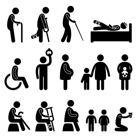 People in need of priority. A set of pictogram showing people in needs. Keywords: attention ...