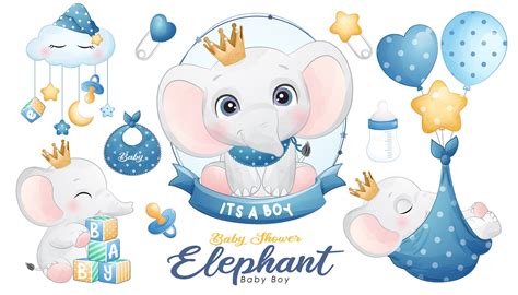 Cute Baby boy elephant baby shower digital clipart set