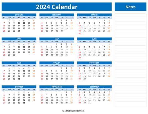 2024 Yearly Calendar with Notes