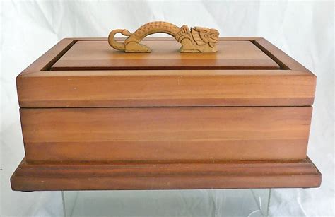 Handmade Wooden Jewelry Box With Carved Dragon Handle Hinged Top Made ...