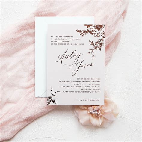 Blush invitation with floral rose gold foil print | Wedding Invitations and Wedding Stationery ...