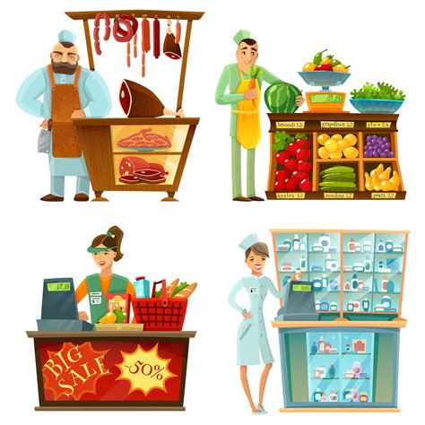 Seller Counter Service 4 Cartoon Compositions Set 478007 Vector Art at Vecteezy