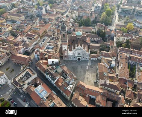 Aerial view of facade of the ancient Duomo in Monza (Monza Cathedral ...