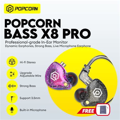 Popcorn Bass X8 Pro Dynamic Earphones Live Stream Hi Fi Bass Earbuds In ...