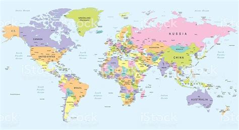 Colored World Map with Country Names and Capital Cities | Karten