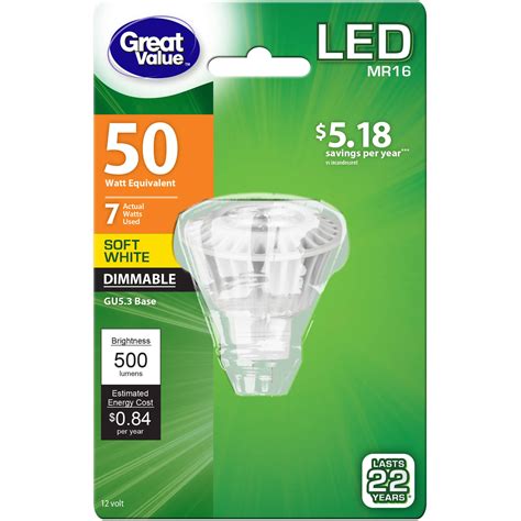 Great Value LED Light Bulb, 7W (50W Equivalent) MR16 Lamp GU5.3 Base, Dimmable, Soft White ...